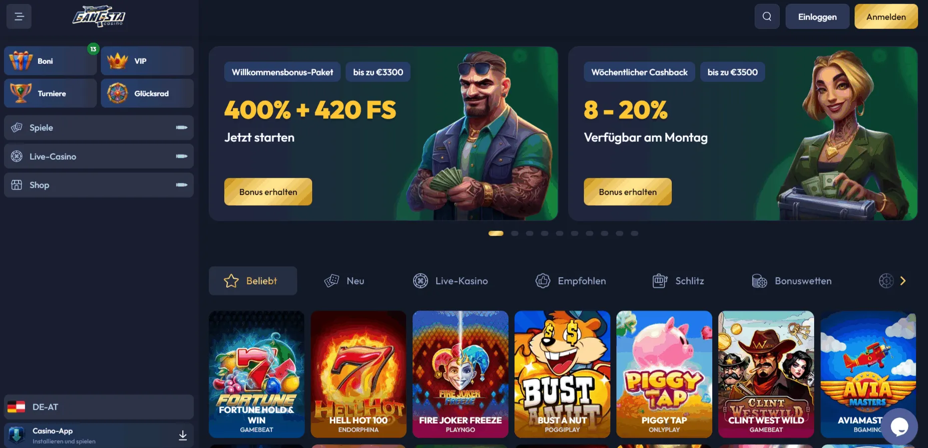 Gangsta Online Casino Gangsta Casino Lobby-Seite