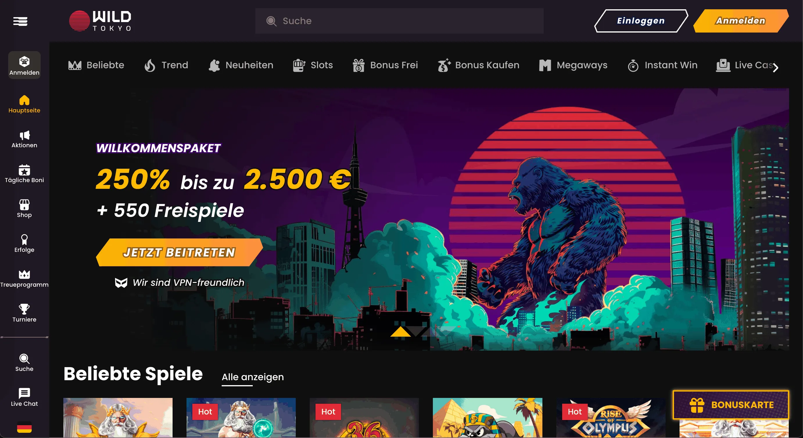 Wild Tokyo Online Casino Wild Tokyo Casino Lobby-Seite